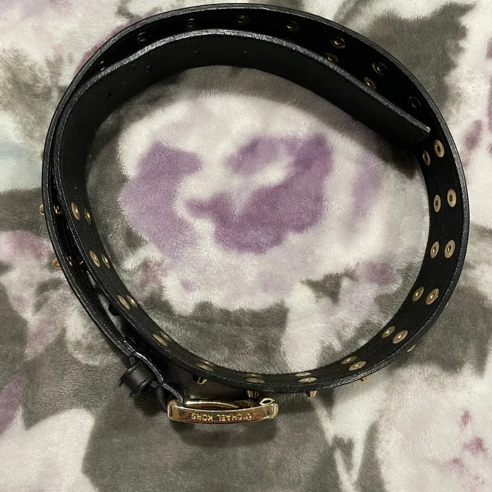Michael Kors Black Leather Studded Belt with Gold Hardware